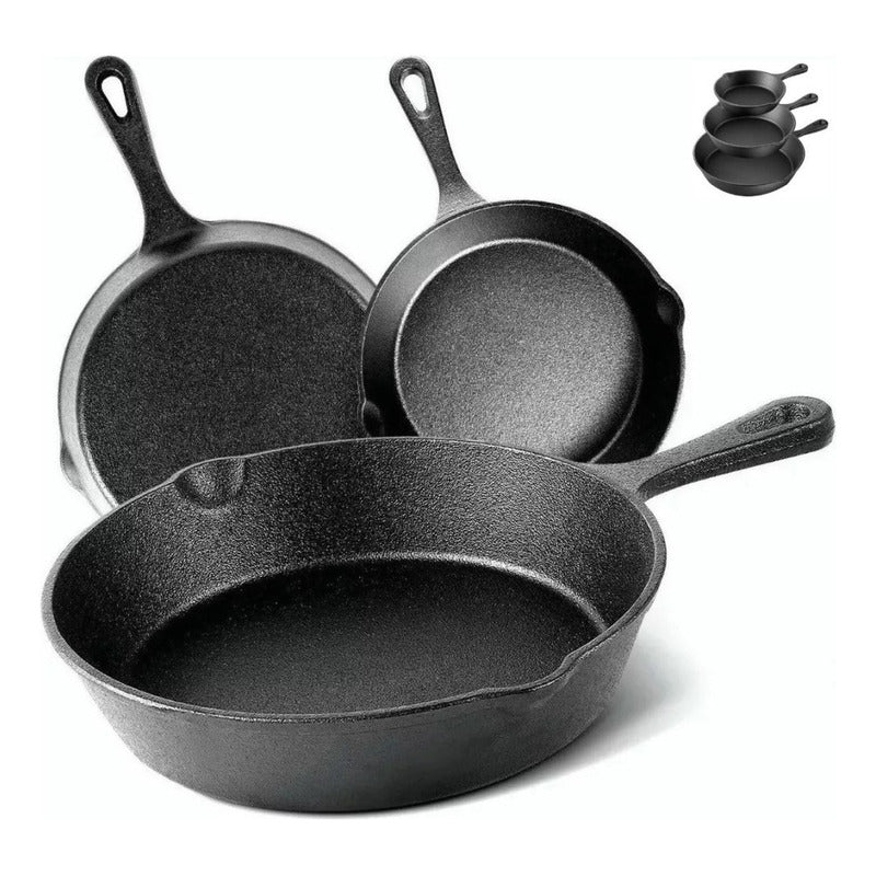 Set De 3 Sartenes 3 Hierro Fundido 16 20 Y 25cm Fierro Negro Negro