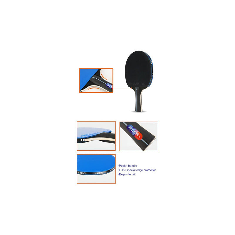 Pack X2 Paletas Loki De Ping Pong + 2 Pelotas + Estuche Colo Azul-negro Fl (cóncavo)