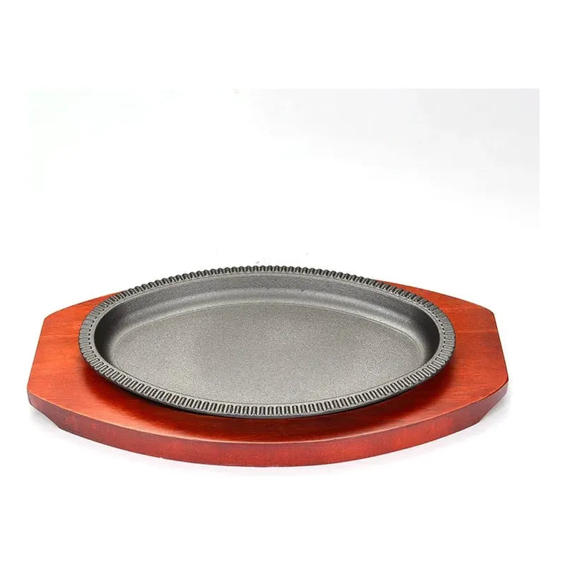 Plancha Plato De Fierro Fundido Con Base Madera 23cms Negro Borde Acanalado