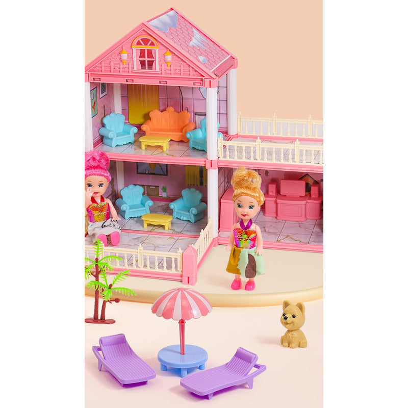 Casa De Muñecas Infantil Con Muebles Y Animales 267pcs 40cm Rosa