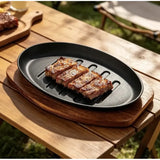 Plancha Plato De Fierro Fundido Con Base Madera 27cms Negro