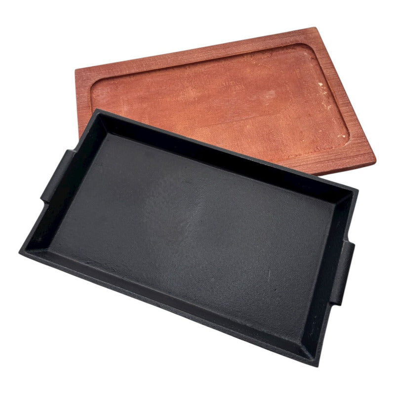 Plancha Plato Rectangular De Fierro Fundido Con Madera 27cms Negro