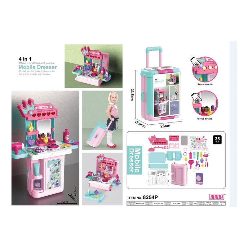Maletín Tocador De Juguete 3 En 1 Con Accesorios Rosa 35pcs Rosa