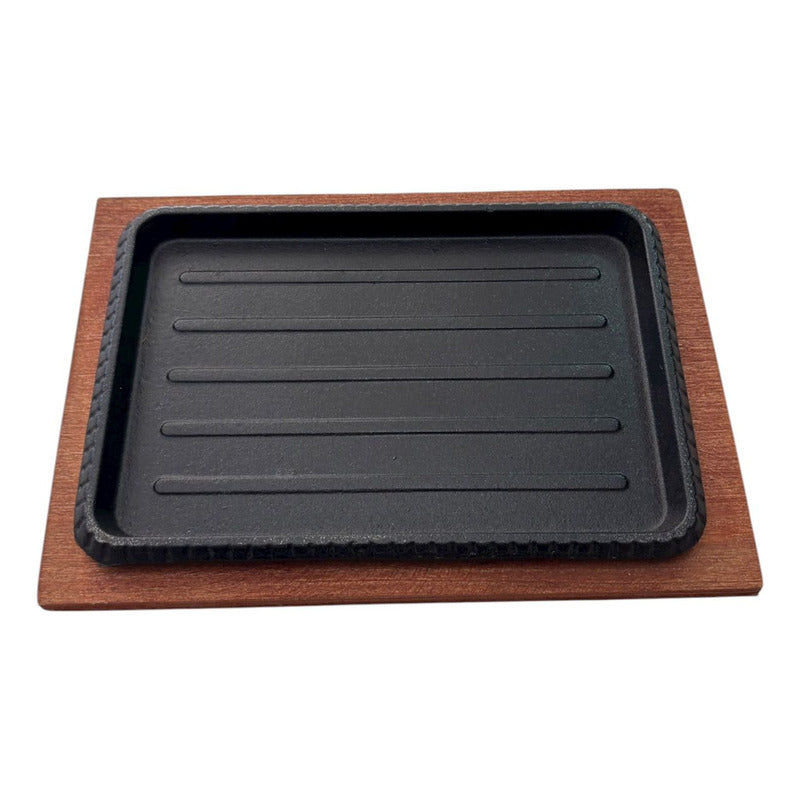 Plancha Plato Rectangular De Fierro Fundido Con Madera 25cms Negro