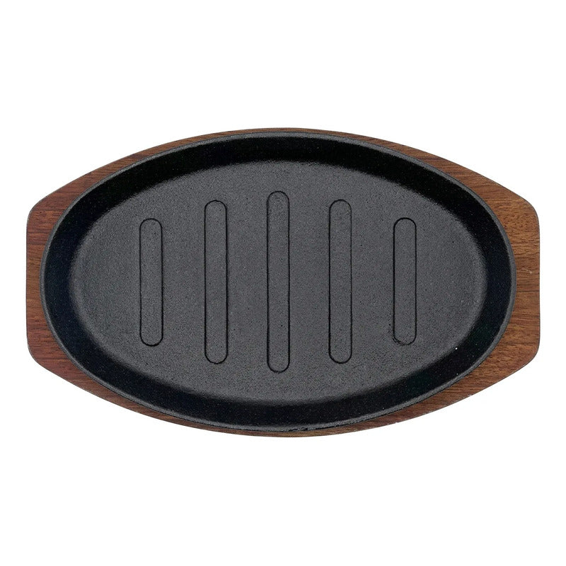 Plancha Plato De Fierro Fundido Con Base Madera 23cms Negro