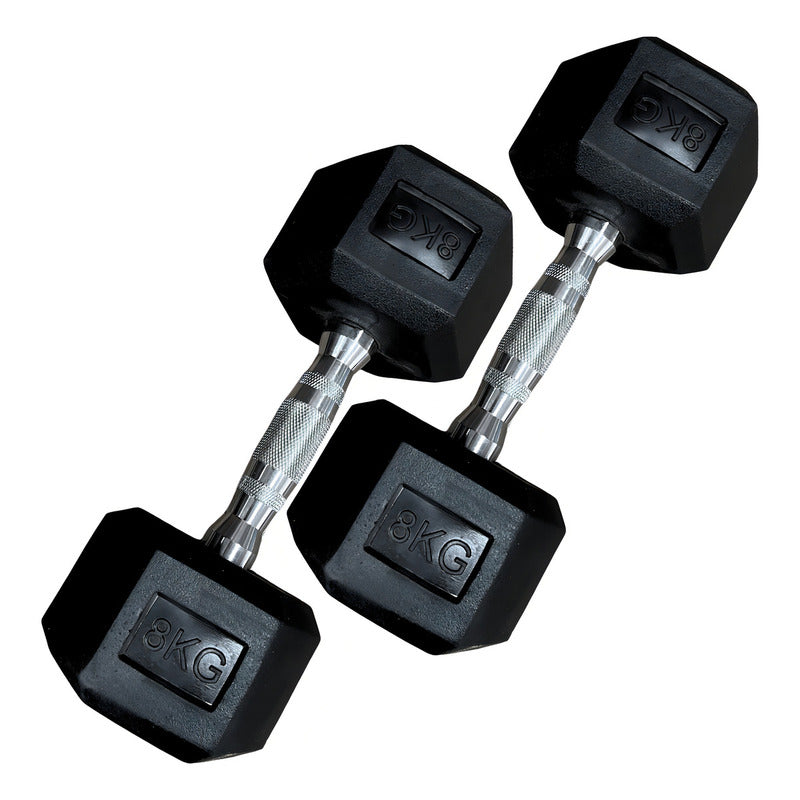 Par de Mancuernas Hexagonales de Caucho 8 kg c/u (16 kg Total) - Negro
