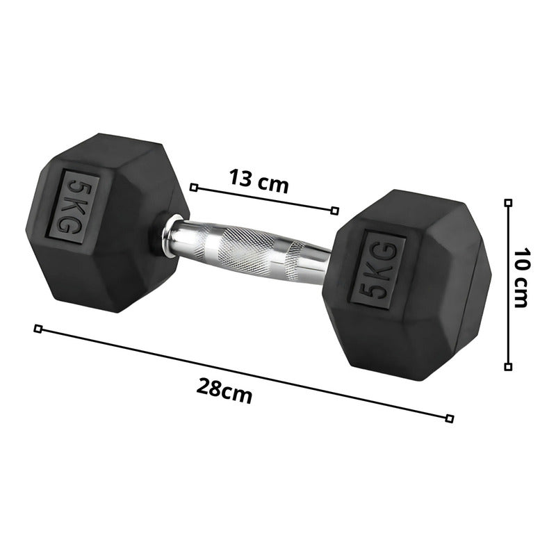 Par Mancuernas Hexagonales De Caucho 5kg (total 10kg El Par) Negro