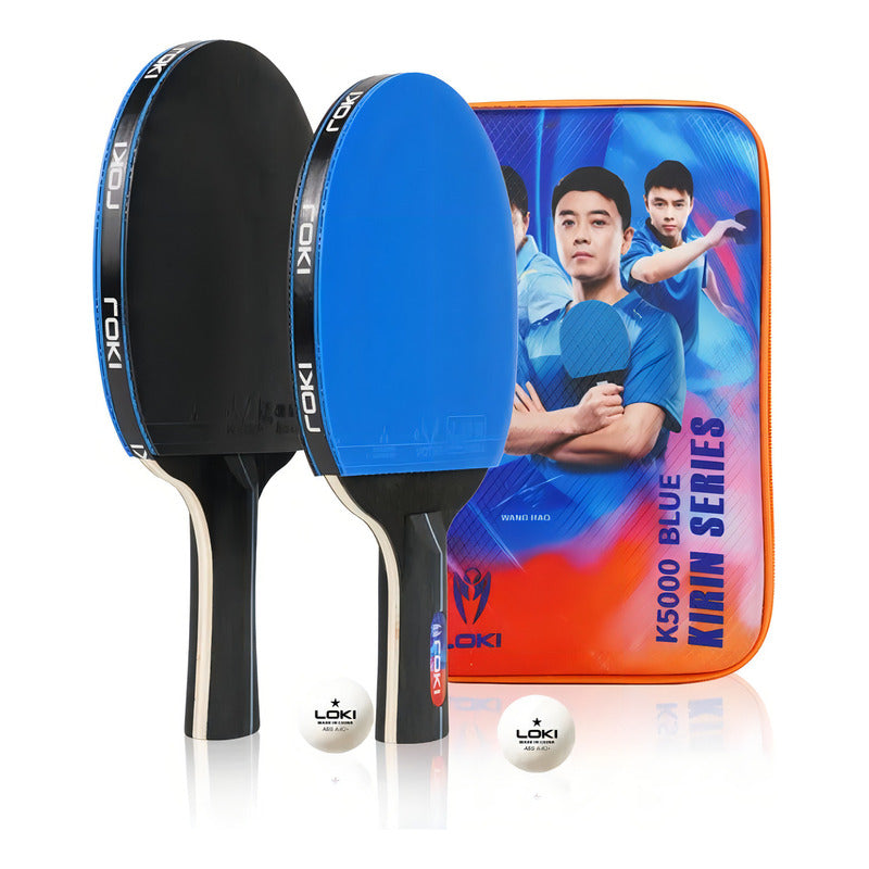 Pack X2 Paletas Loki De Ping Pong + 2 Pelotas + Estuche Colo Azul-negro Fl (cóncavo)