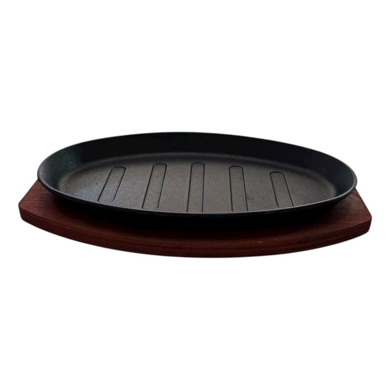 Plancha Plato De Fierro Fundido Con Base Madera 25.5cms Negro