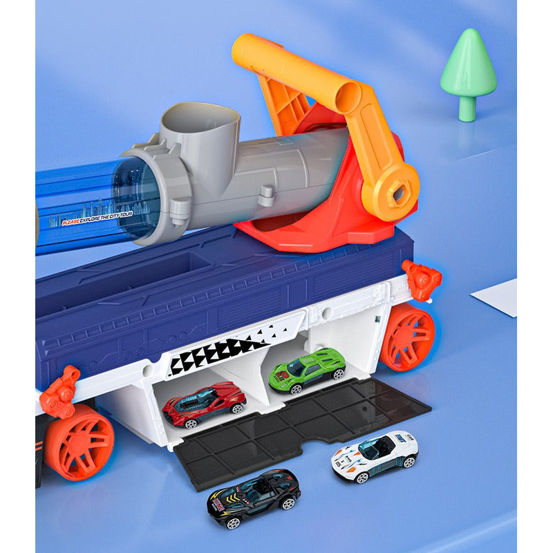 Camión De Juguete Lanza Pelotas Bazooka + Autitos Camion Lanza Autos Azul
