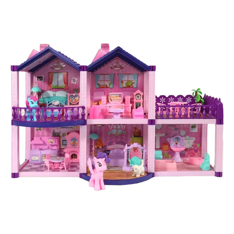 Casa De Muñecas Infantil Con Muebles Y Animales 60x22x38 Cm Rosa