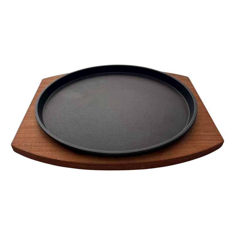 Plancha Plato Redondo De Fierro Fundido Con Madera 23cms Negro