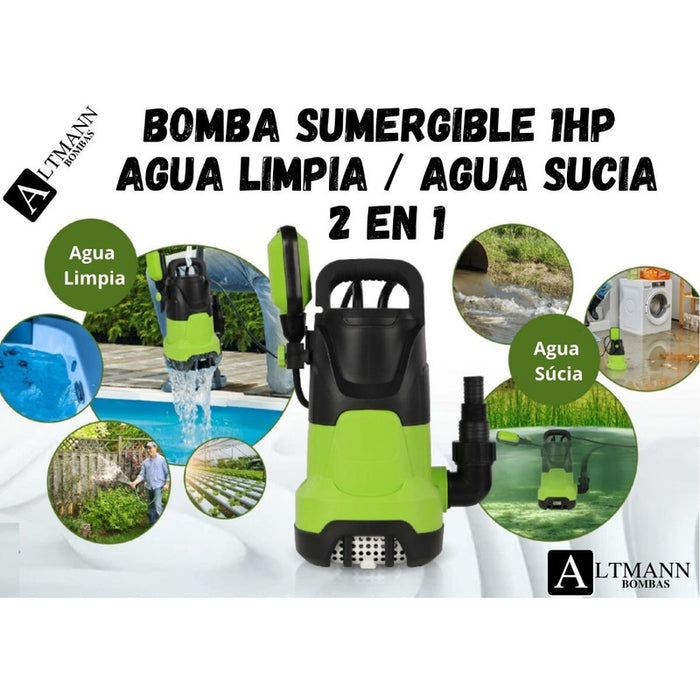 Bomba Agua Sumergible Drenaje Agua Limpia Sucia 1hp Altmann  Verde/negro
