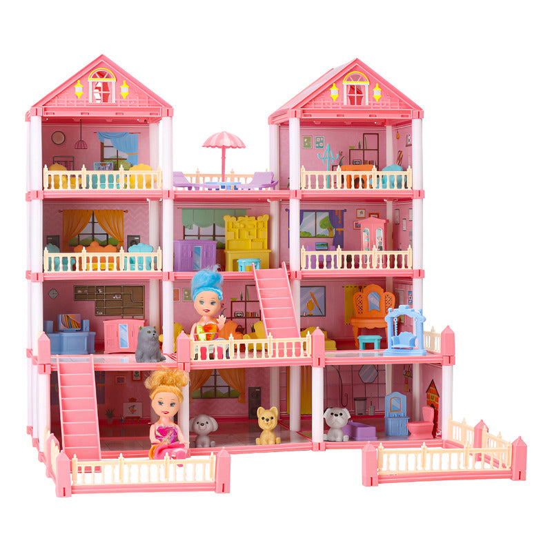 Casa De Muñecas Infantil Con Muebles Y Animales 267pcs 40cm Rosa