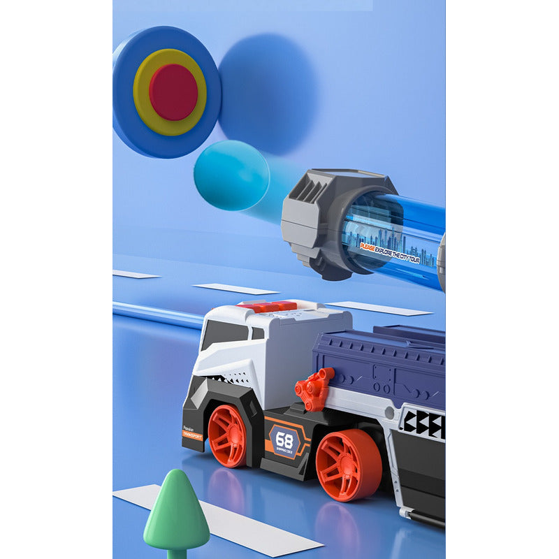 Camión De Juguete Lanza Pelotas Bazooka + Autitos Camion Lanza Autos Azul