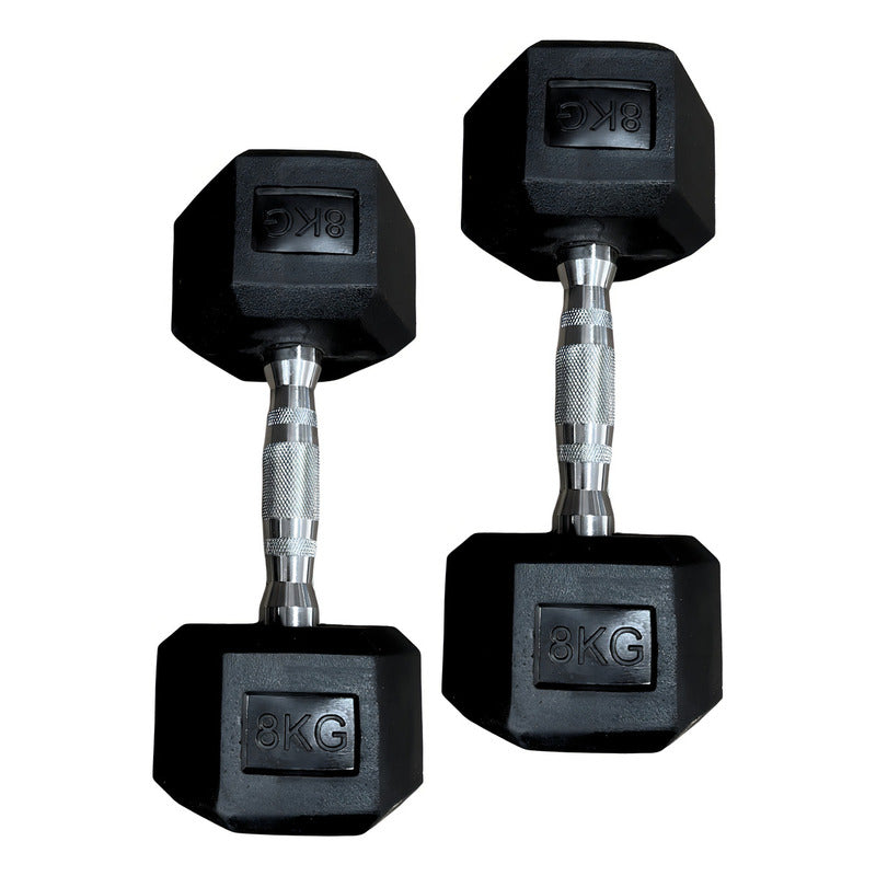 Par de Mancuernas Hexagonales de Caucho 8 kg c/u (16 kg Total) - Negro