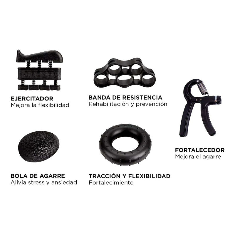 Set 5 En 1 Ejercitador Manos Hand Grip Y Antebrazo 5-60 Kg Negro