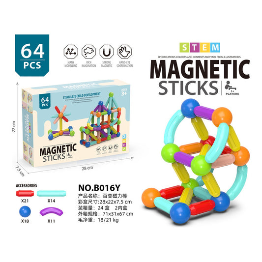 Juguete Didáctico Bloques De Varillas Magnéticos 64 Piezas 64