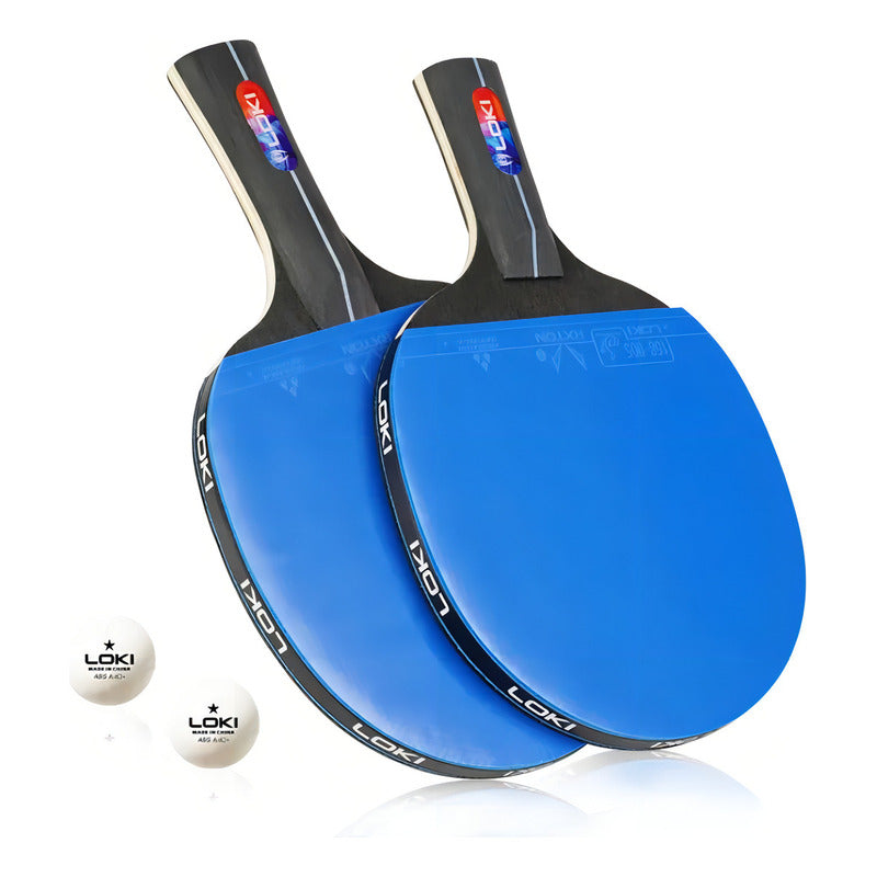 Pack X2 Paletas Loki De Ping Pong + 2 Pelotas + Estuche Colo Azul-negro Fl (cóncavo)