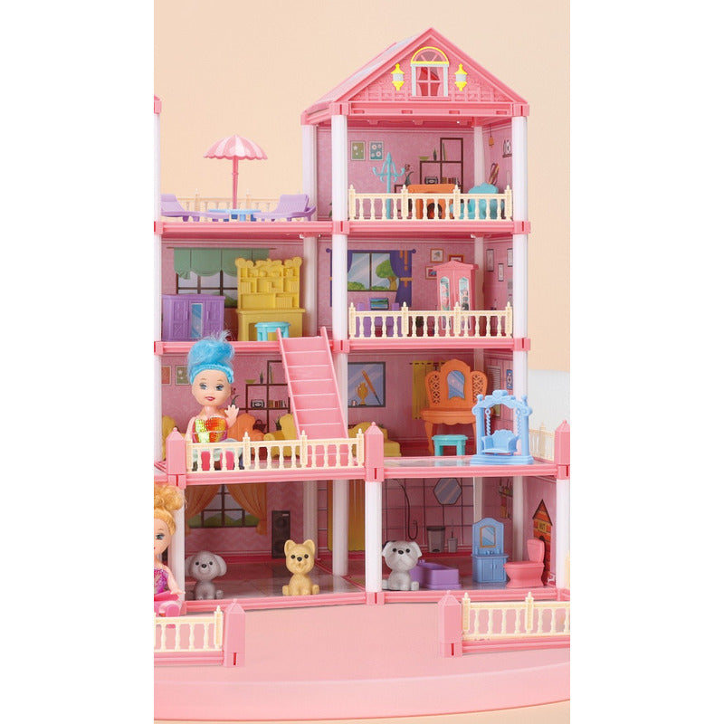 Casa De Muñecas Infantil Con Muebles Y Animales 267pcs 40cm Rosa