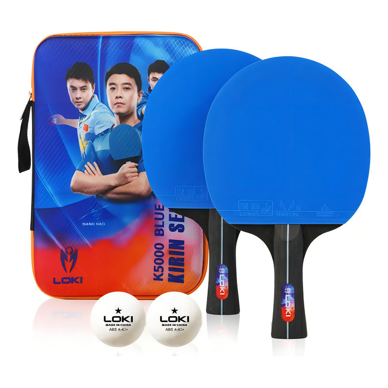 Pack X2 Paletas Loki De Ping Pong + 2 Pelotas + Estuche Colo Azul-negro Fl (cóncavo)