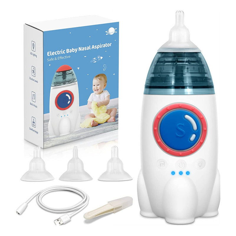 Aspirador Nasal Saca Mocos De Bebe Cohete Con 3 Boquillas Cohete Blanco Con Azul