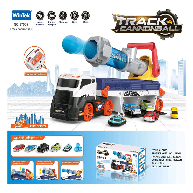 Camión De Juguete Lanza Pelotas Bazooka + Autitos Camion Lanza Autos Azul