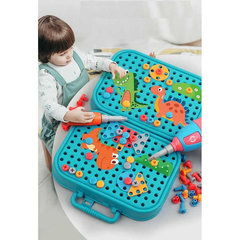 Maleta De Construcción Dinosaurios 3d Con Herramientas 211pc Turquesa / Verde